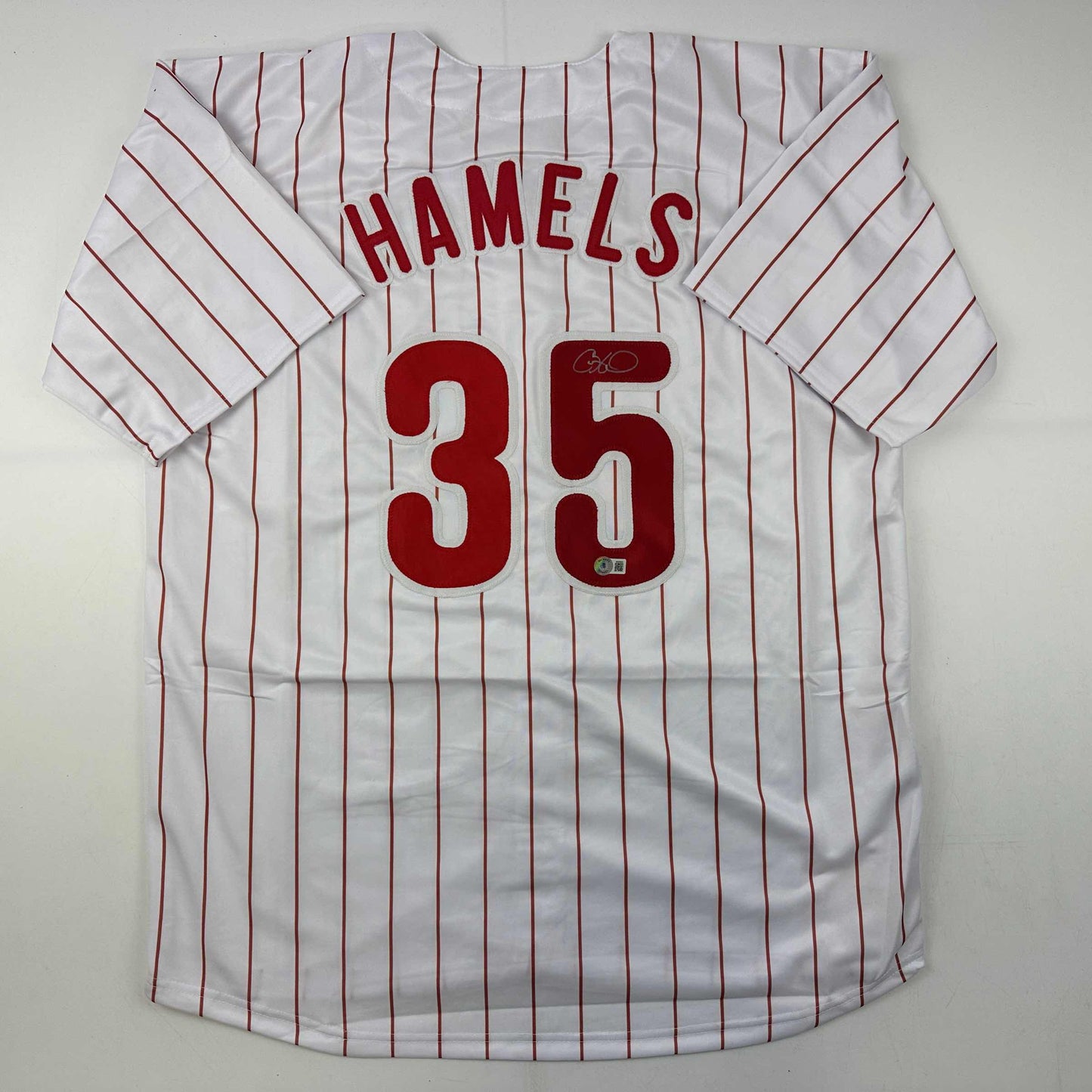 Autographed/Signed Cole Hamels Philadelphia Pinstripe Baseball Jersey Beckett BAS COA