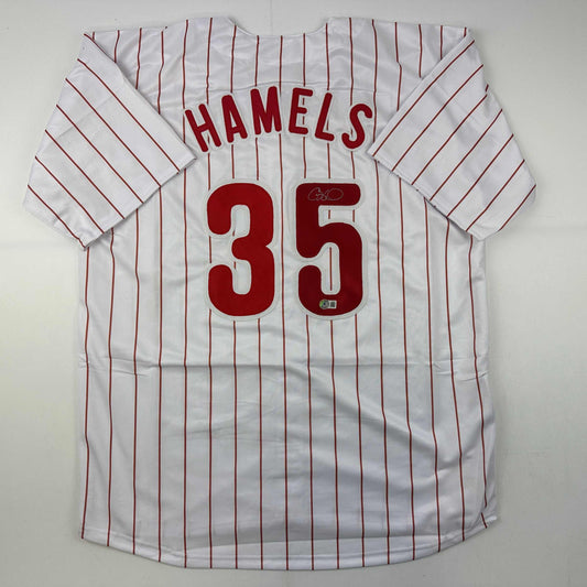 Autographed/Signed Cole Hamels Philadelphia Pinstripe Baseball Jersey Beckett BAS COA