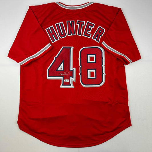 Autographed/Signed Torii Hunter Los Angeles Anaheim Red Baseball Jersey Beckett BAS COA