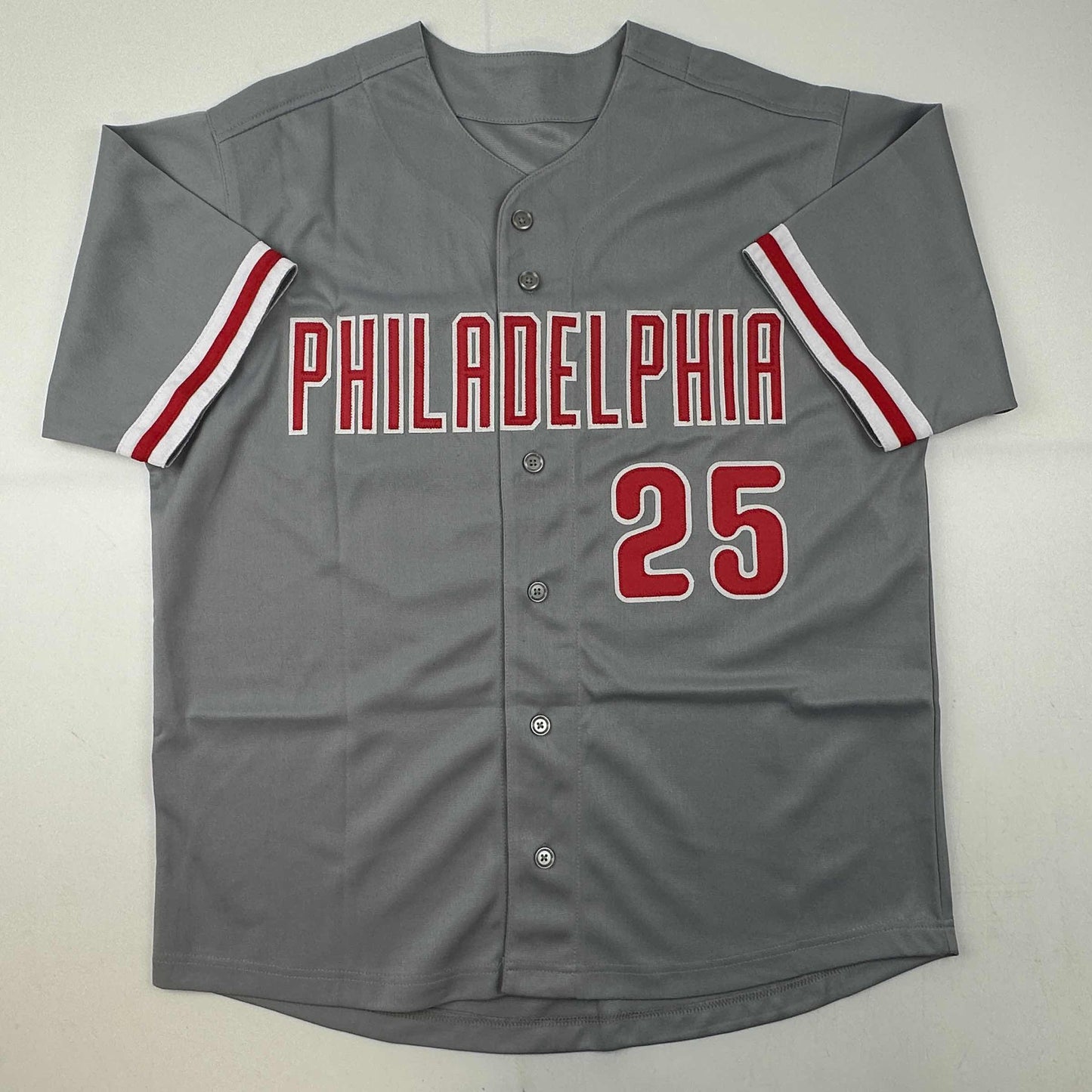 Autographed/Signed Jim Thome Philadelphia Grey Baseball Jersey JSA COA