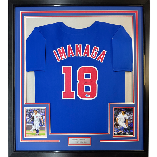 Framed Autographed/Signed Shota Imanaga 35x39 Chicago Blue Baseball Jersey Beckett BAS COA