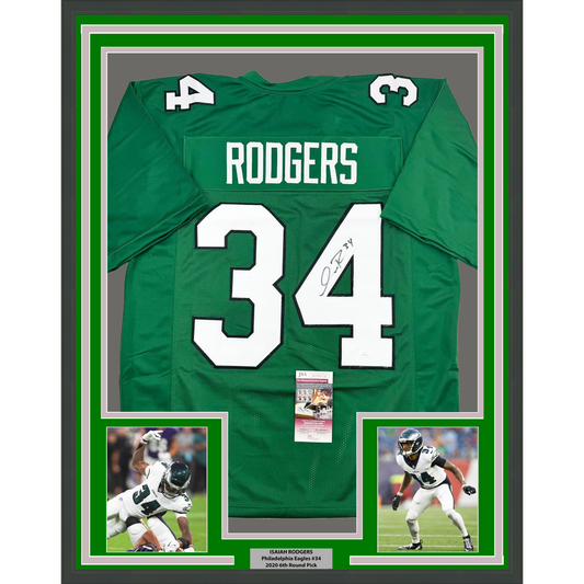 Framed Autographed/Signed Isaiah Rodgers 35x39 Philadelphia Green Football Jersey JSA COA