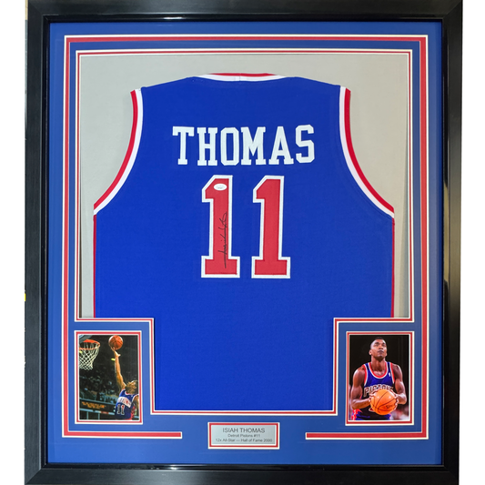 Framed Autographed/Signed Isiah Thomas 35x39 Detroit Blue Basketball Jersey Beckett BAS COA