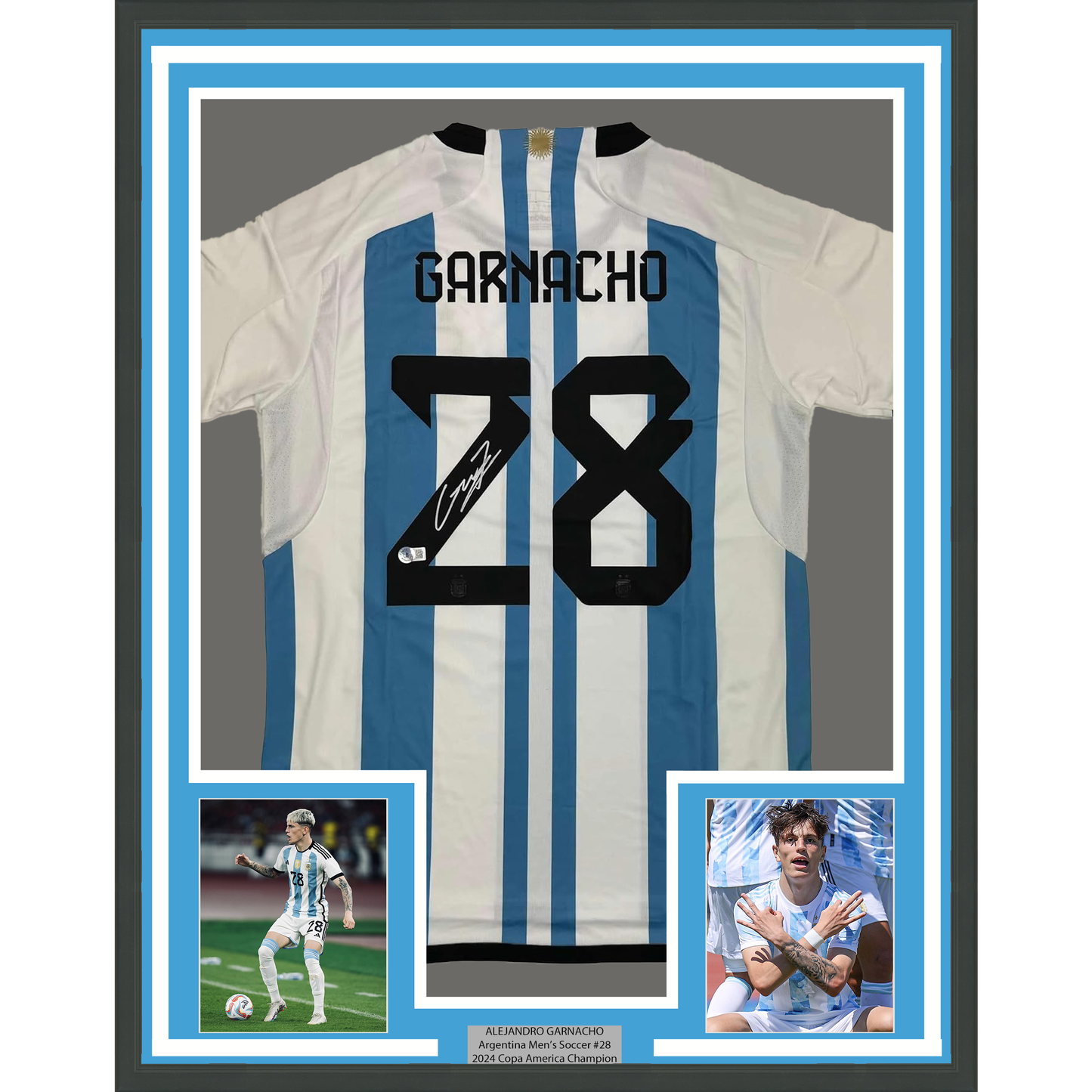 Framed Autographed/Signed Alejandro Garnacho 35x39 Argentina Blue Soccer Futbol Jersey Beckett BAS COA