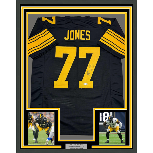 Framed Autographed/Signed Broderick Jones 35x39 Pittsburgh Black Color Rush CR Football Jersey Beckett BAS COA
