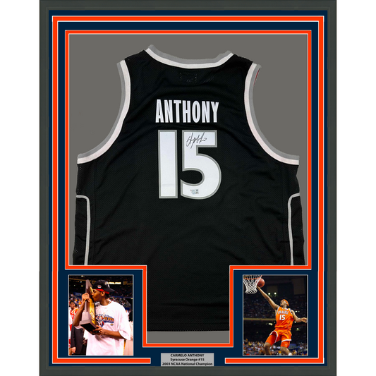 Framed Autographed/Signed Carmelo Anthony 35x39 Syracuse Orange Black Basketball Jersey Fanatics COA