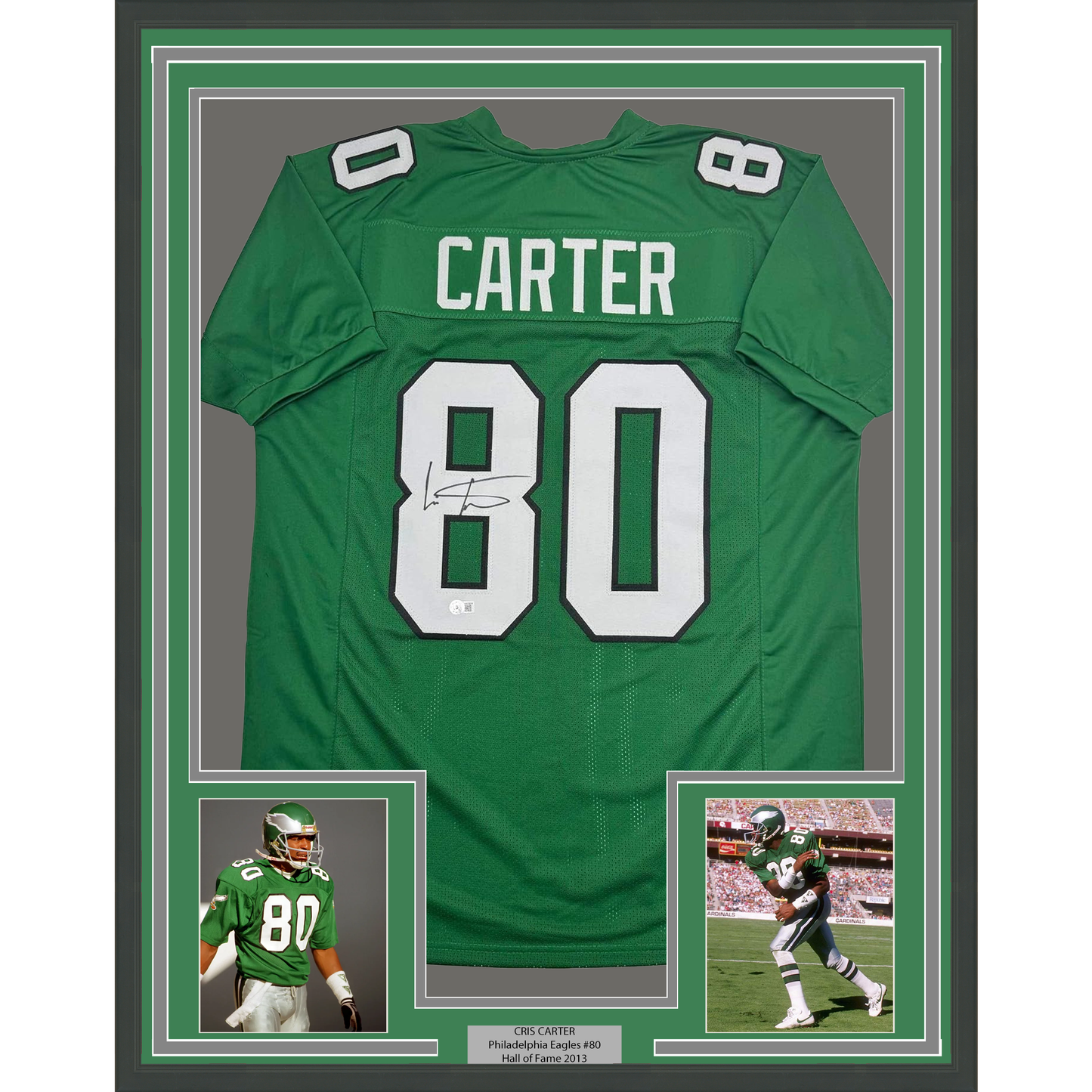 Framed Autographed/Signed Cris Carter 35x39 Philadelphia Kelly Green Football Jersey Beckett BAS COA