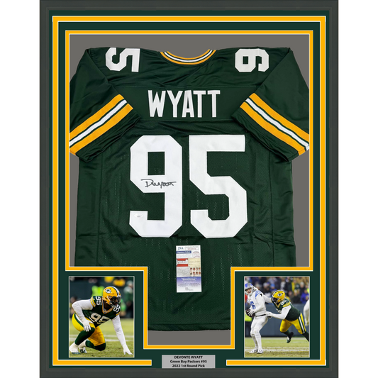 Framed Autographed/Signed Devonte Wyatt 35x39 Green Bay Green Football Jersey JSA COA