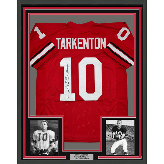Framed Autographed/Signed Fran Tarkenton 35x39 Georgia Red College Football Jersey Beckett BAS COA
