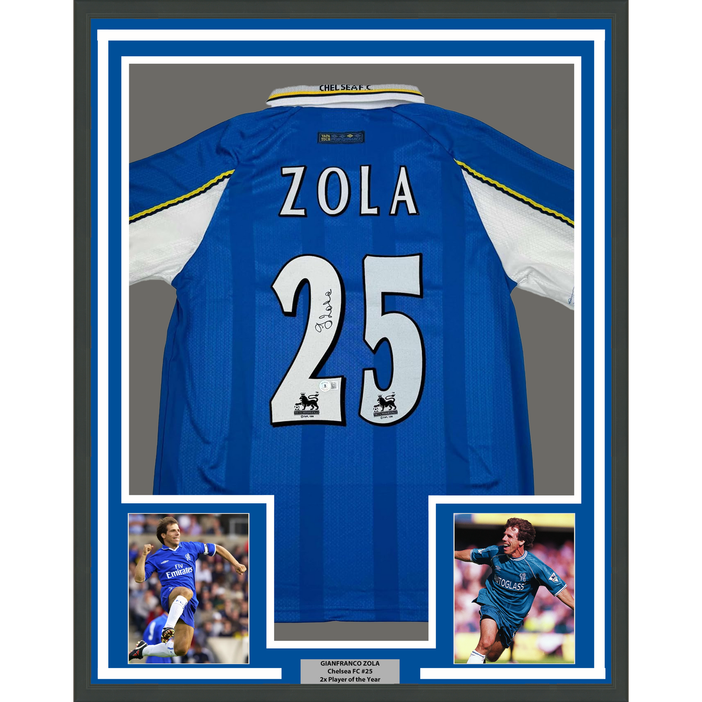 Framed Autographed/Signed Gianfranco Zola 35x39 Chelsea FC Blue Soccer Futbol Jersey Beckett BAS COA