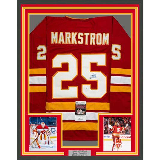 Framed Autographed/Signed Jacob Markstrom 35x39 Calgary Red Hockey Jersey JSA COA