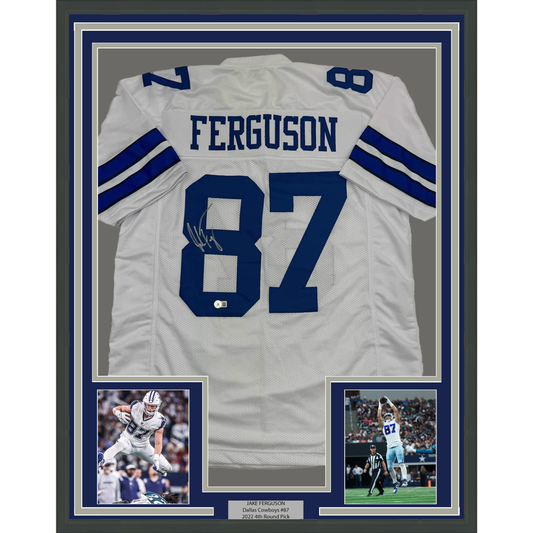Framed Autographed/Signed Jake Ferguson 35x39 Dallas White Football Jersey Beckett BAS COA