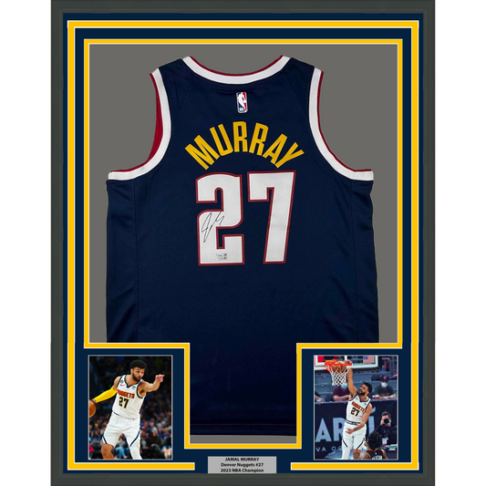Framed Autographed/Signed Jamal Murray 35x39 Denver Nuggets Blue Authentic Swingman Basketball Jersey Fanatics COA