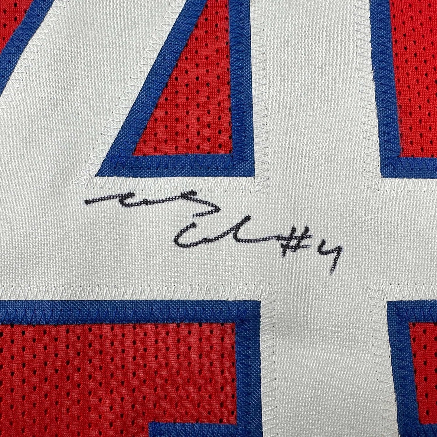 Framed Autographed/Signed James Cook 35x39 Buffalo Red Football Jersey Beckett BAS COA