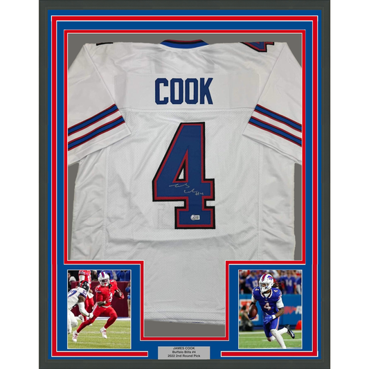 Framed Autographed/Signed James Cook 35x39 Buffalo White Football Jersey Beckett BAS COA