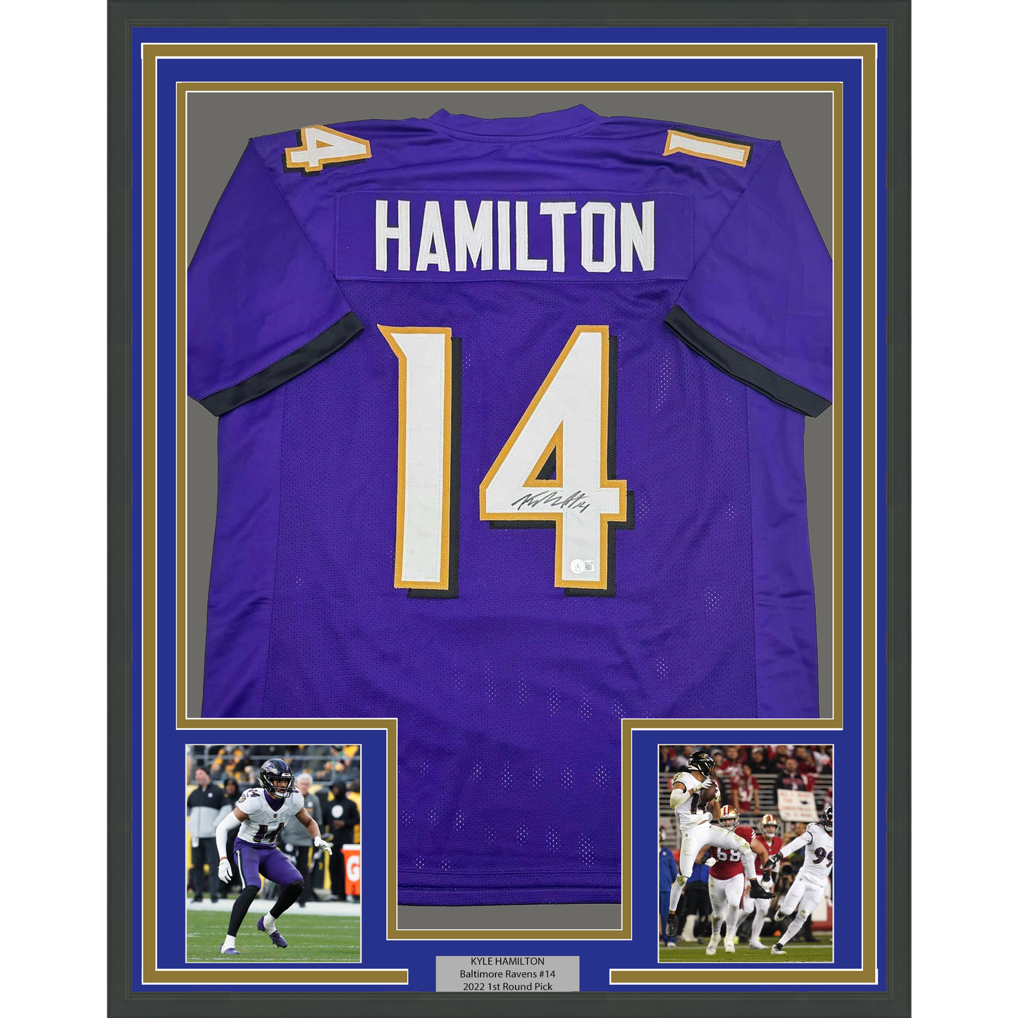 Framed Autographed/Signed Kyle Hamilton 35x39 Baltimore Purple Football Jersey Beckett BAS COA