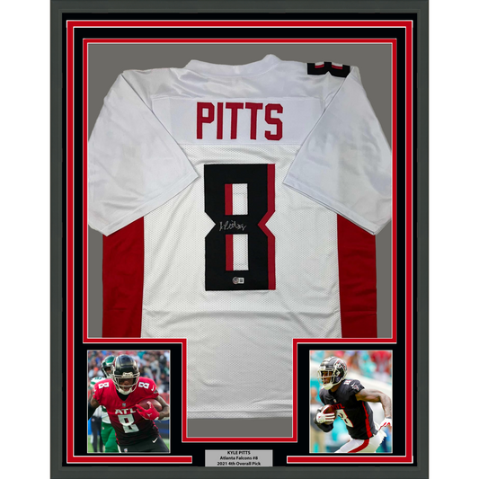 Framed Autographed/Signed Kyle Pitts 35x39 Atlanta White Football Jersey Beckett BAS COA