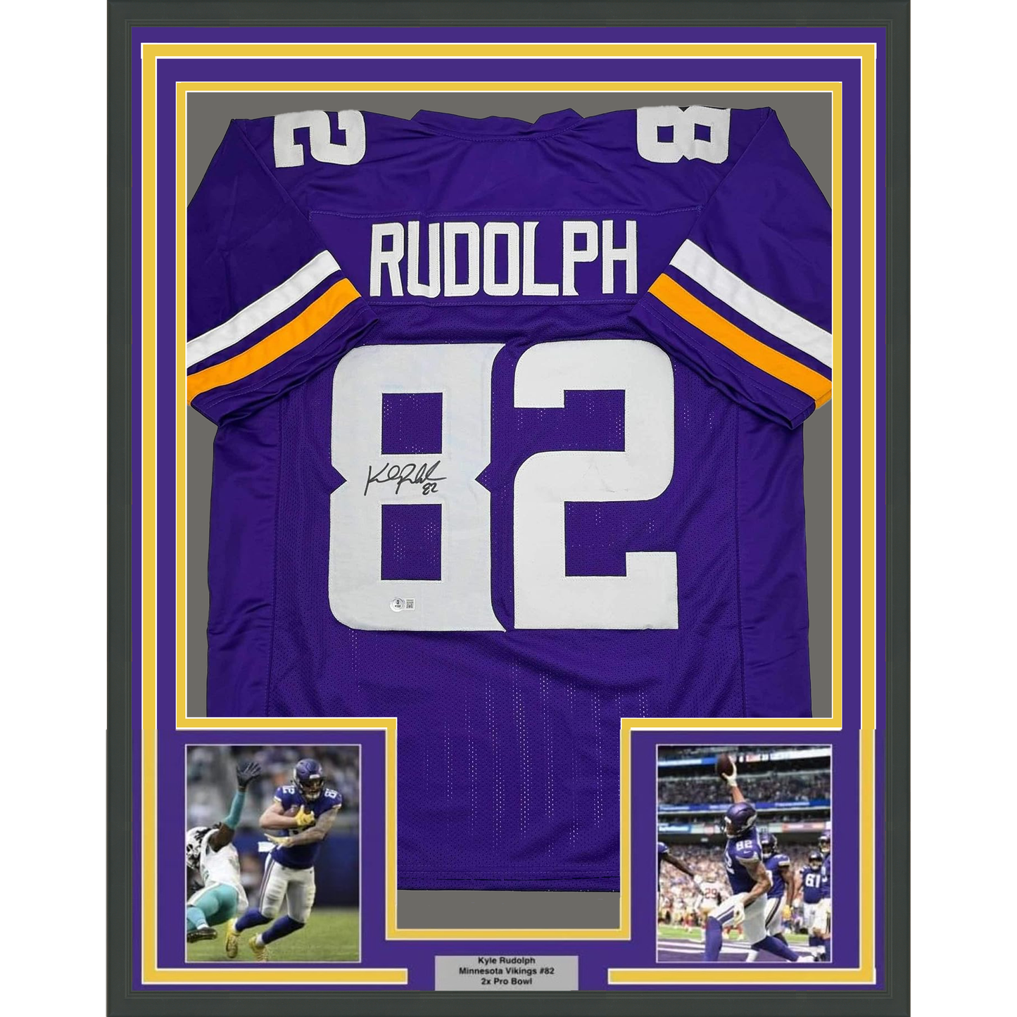 Framed Autographed/Signed Kyle Rudolph 35x39 Minnesota Purple Football Jersey Beckett BAS COA