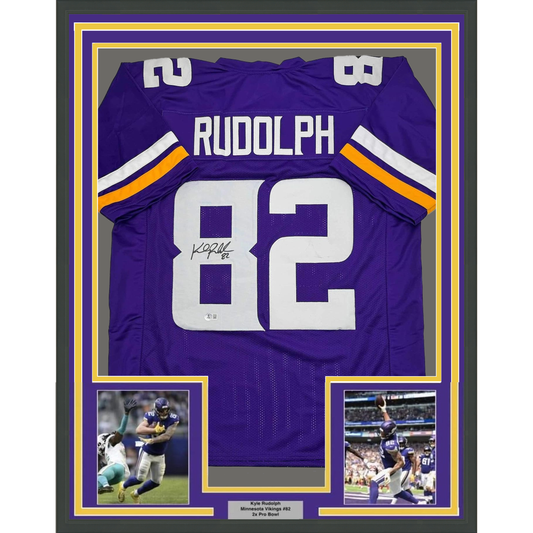 Framed Autographed/Signed Kyle Rudolph 35x39 Minnesota Purple Football Jersey Beckett BAS COA