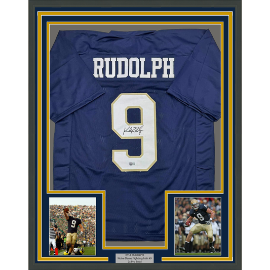 Framed Autographed/Signed Kyle Rudolph 35x39 Notre Dame Blue College Football Jersey Beckett BAS COA