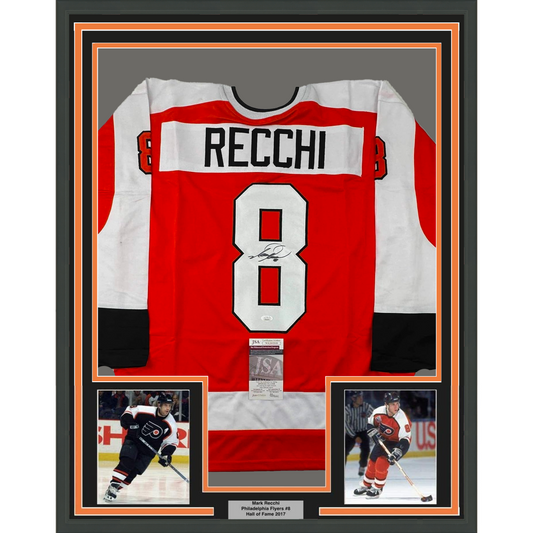 Framed Autographed/Signed Mark Recchi 35x39 Philadelphia Orange Hockey Jersey JSA COA