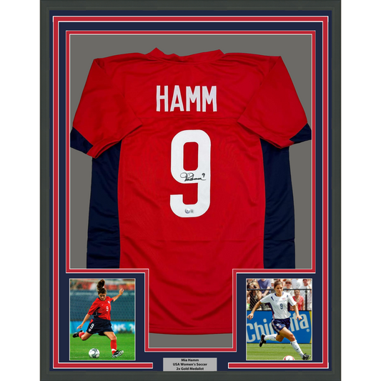 Framed Autographed/Signed Mia Hamm 35x39 Red Soccer Team USA United States World Cup Jersey Beckett BAS COA