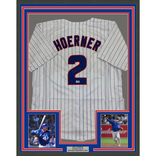 Framed Autographed/Signed Nico Hoerner 35x39 Chicago Pinstripe Baseball Jersey Beckett BAS COA