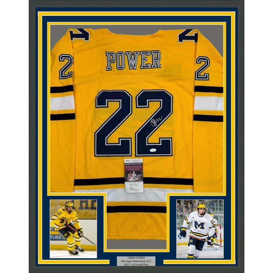 Framed Autographed/Signed Owen Power 35x39 Michigan Yellow College Hockey Jersey JSA COA