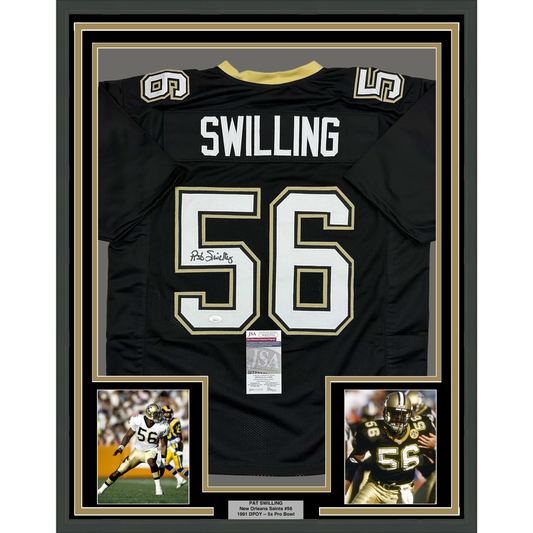 Framed Autographed/Signed Pat Swilling 35x39 New Orleans Black Football Jersey JSA COA