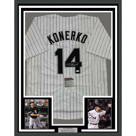 Framed Autographed/Signed Paul Konerko 35x39 Chicago Pinstripe Baseball Jersey JSA COA