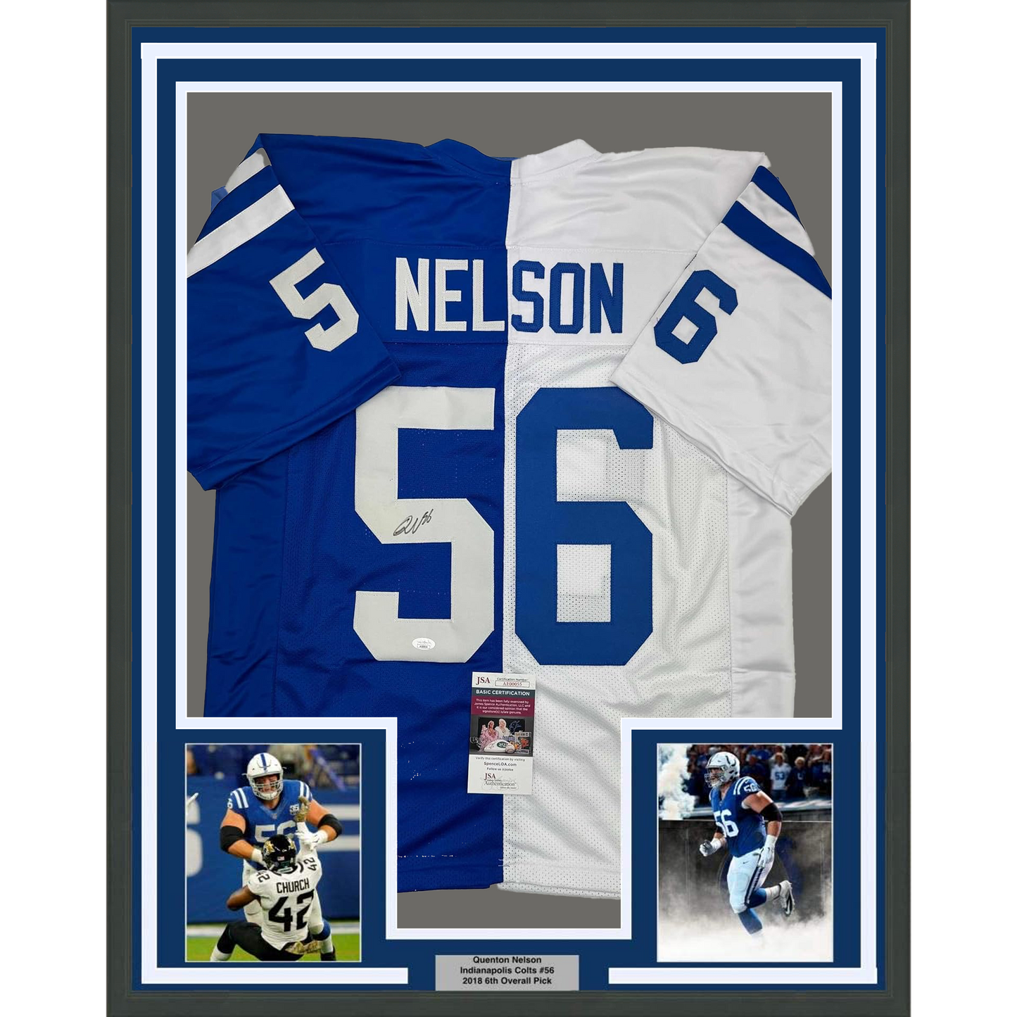 Framed Autographed/Signed Quenton Nelson 35x39 Indianapolis Blue/White Split Football Jersey JSA COA