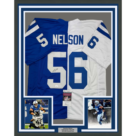 Framed Autographed/Signed Quenton Nelson 35x39 Indianapolis Blue/White Split Football Jersey JSA COA