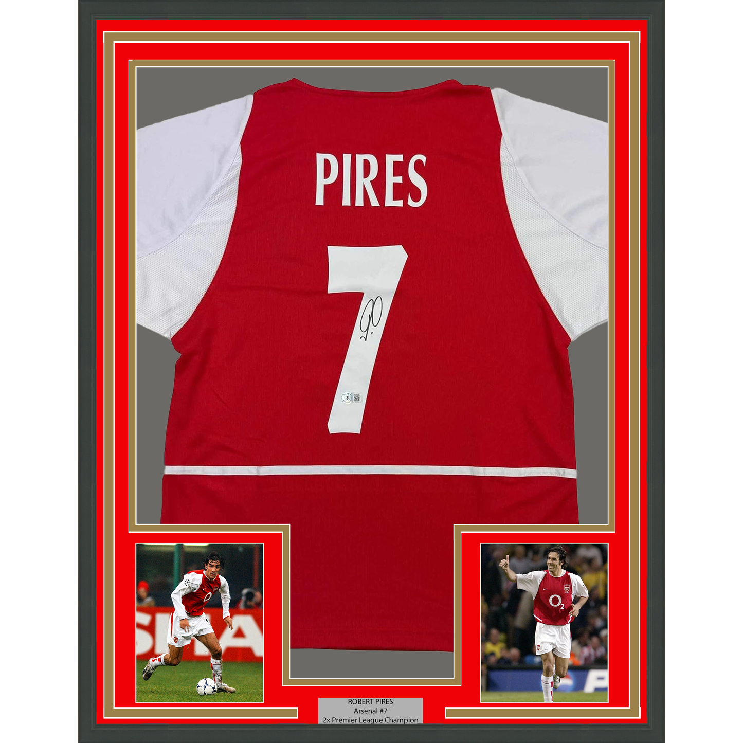 Framed Autographed/Signed Robert Pires 35x39 Arsenal Red Soccer Jersey Beckett BAS COA