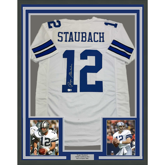 Framed Autographed/Signed Roger Staubach 35x39 Dallas White Football Jersey Beckett BAS COA