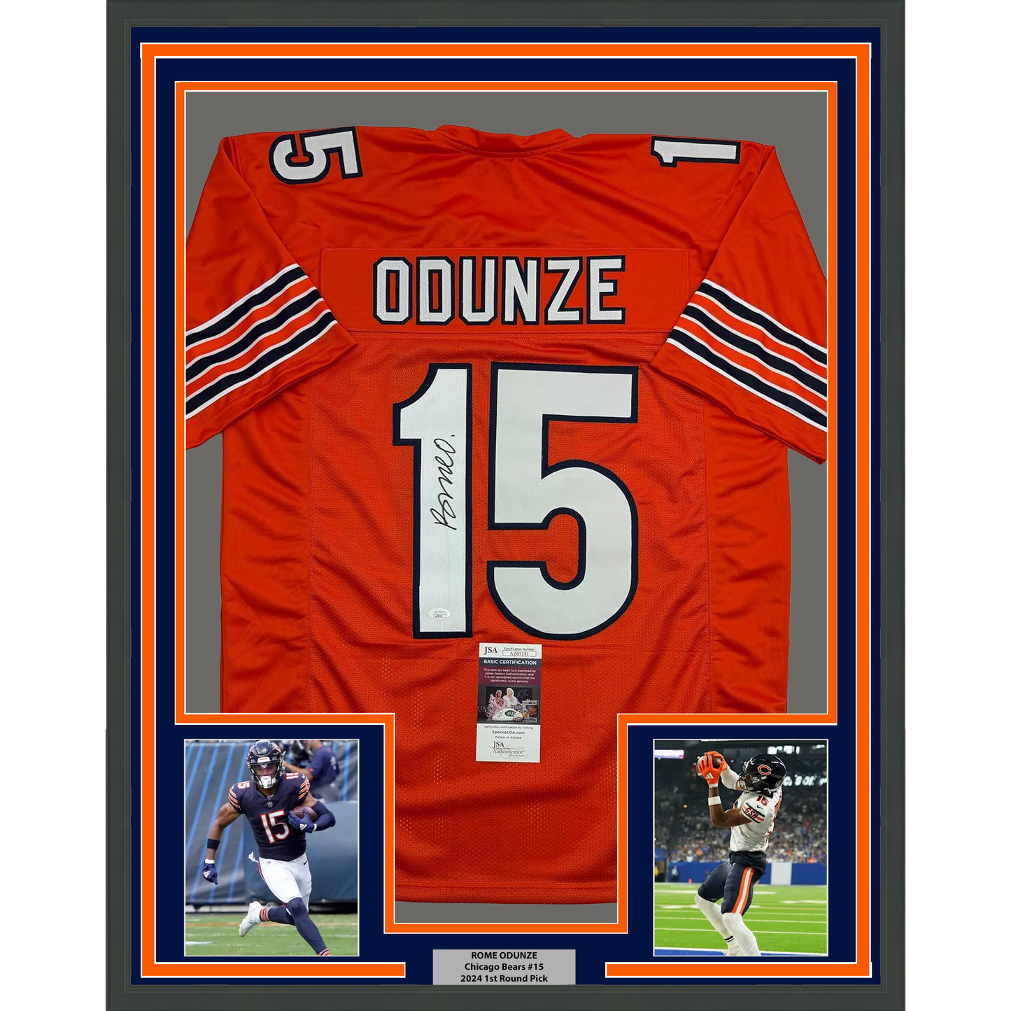 Framed Autographed/Signed Rome Odunze 35x39 Chicago Orange Football Jersey JSA COA
