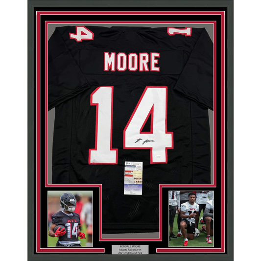 Framed Autographed/Signed Rondale Moore 35x39 Atlanta Black Football Jersey JSA COA