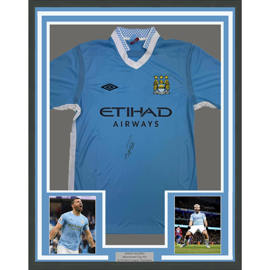 Framed Autographed/Signed Sergio Kun Aguero 35x39 Manchester City Blue Soccer Futbol Jersey Beckett BAS COA #2