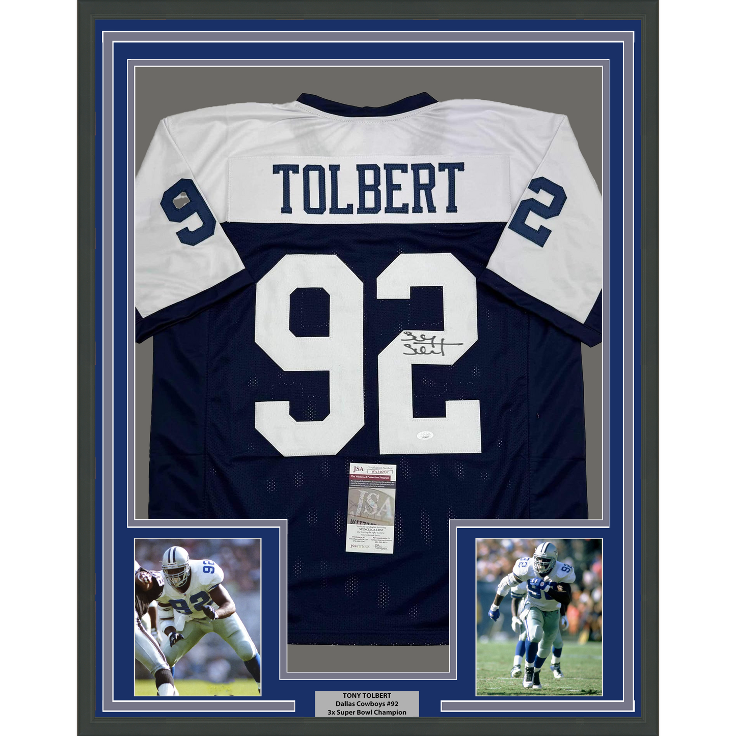Framed Autographed/Signed Tony Tolbert 35x39 Dallas Thanksgiving Football Jersey JSA COA