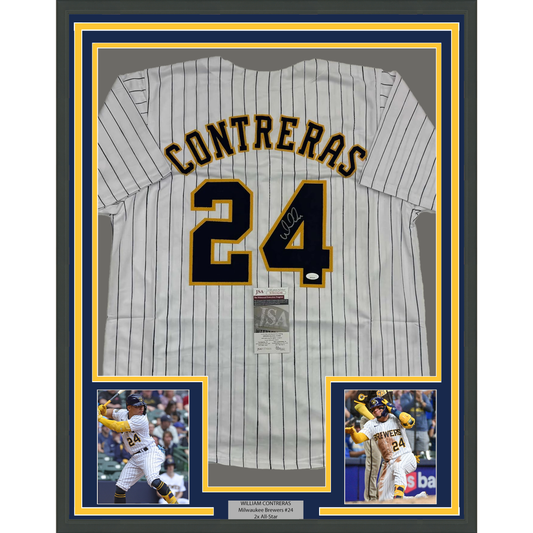 Framed Autographed/Signed William Contreras 35x39 Milwaukee Pinstripe Baseball Jersey JSA COA