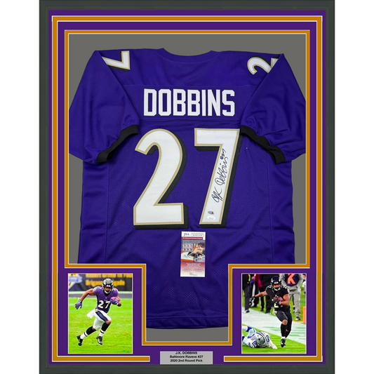 Framed Autographed/Signed J.K. Dobbins 35x39 Baltimore Purple Football Jersey JSA COA