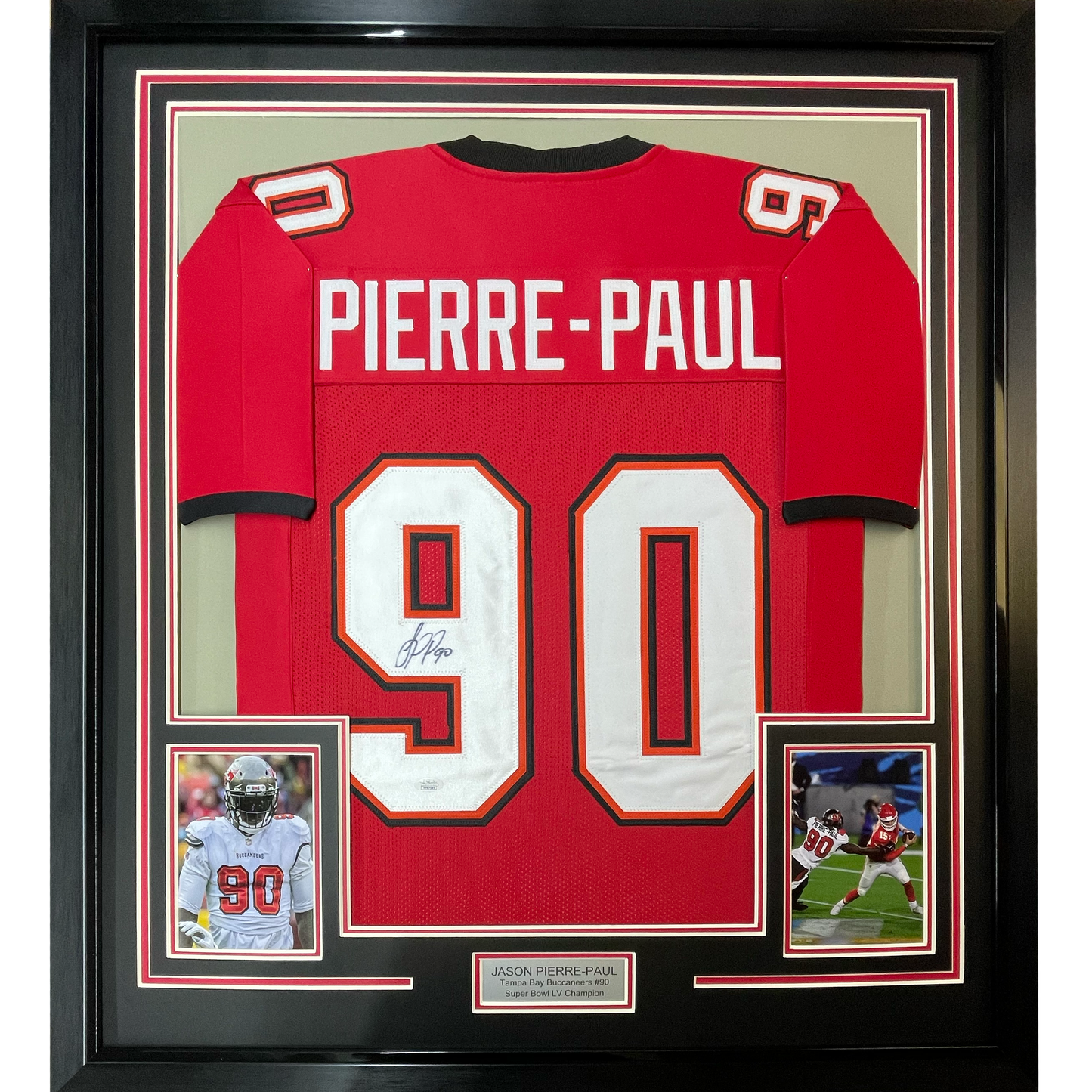 Framed Autographed/Signed Jason Pierre-Paul 35x39 Tampa Bay Red Football Jersey JSA COA