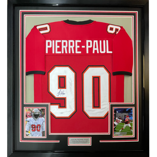 Framed Autographed/Signed Jason Pierre-Paul 35x39 Tampa Bay Red Football Jersey JSA COA