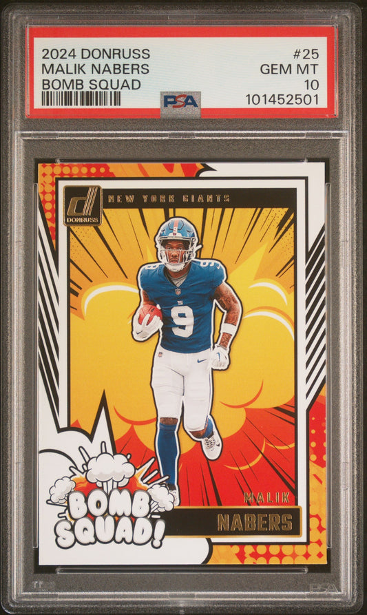 Graded 2024 Panini Donruss Malik Nabers #25 Bomb Squad Rookie RC Football Card PSA 10 Gem Mint