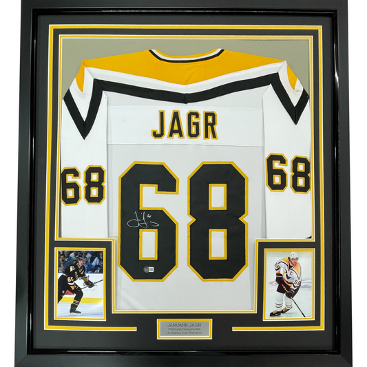 Framed Autographed/Signed Jaromir Jagr 35x39 Pittsburgh White Hockey Jersey JSA COA