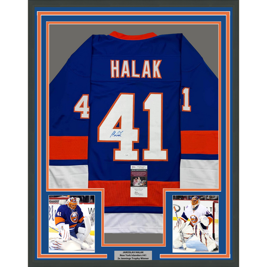 Framed Autographed/Signed Jaroslav Halak 35x39 New York Blue Hockey Jersey JSA COA