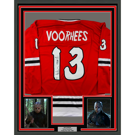 Framed Autographed/Signed Ari Lehman Jason Voorhees 35x39 Friday The 13th Red Movie Jersey Steiner CX COA