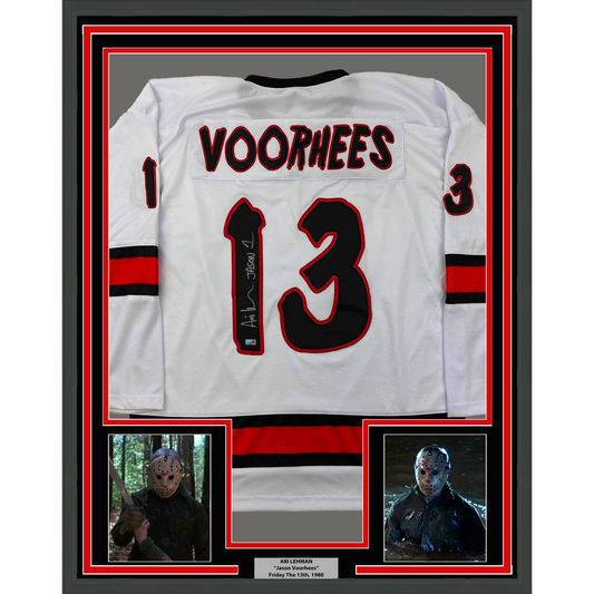 Framed Autographed/Signed Ari Lehman Jason Voorhees 35x39 Friday The 13th White Movie Jersey Steiner CX COA