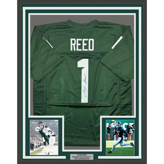 Framed Autographed/Signed Jayden Reed 35x39 Michigan State Green College Football Jersey JSA COA