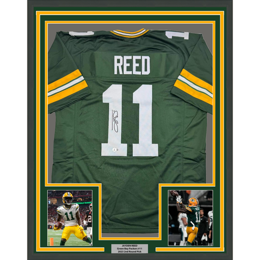Framed Autographed/Signed Jayden Reed 35x39 Green Bay Green Football Jersey Beckett BAS COA