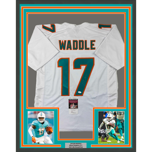 Framed Autographed/Signed Jaylen Waddle 35x39 Miami White Football Jersey JSA COA